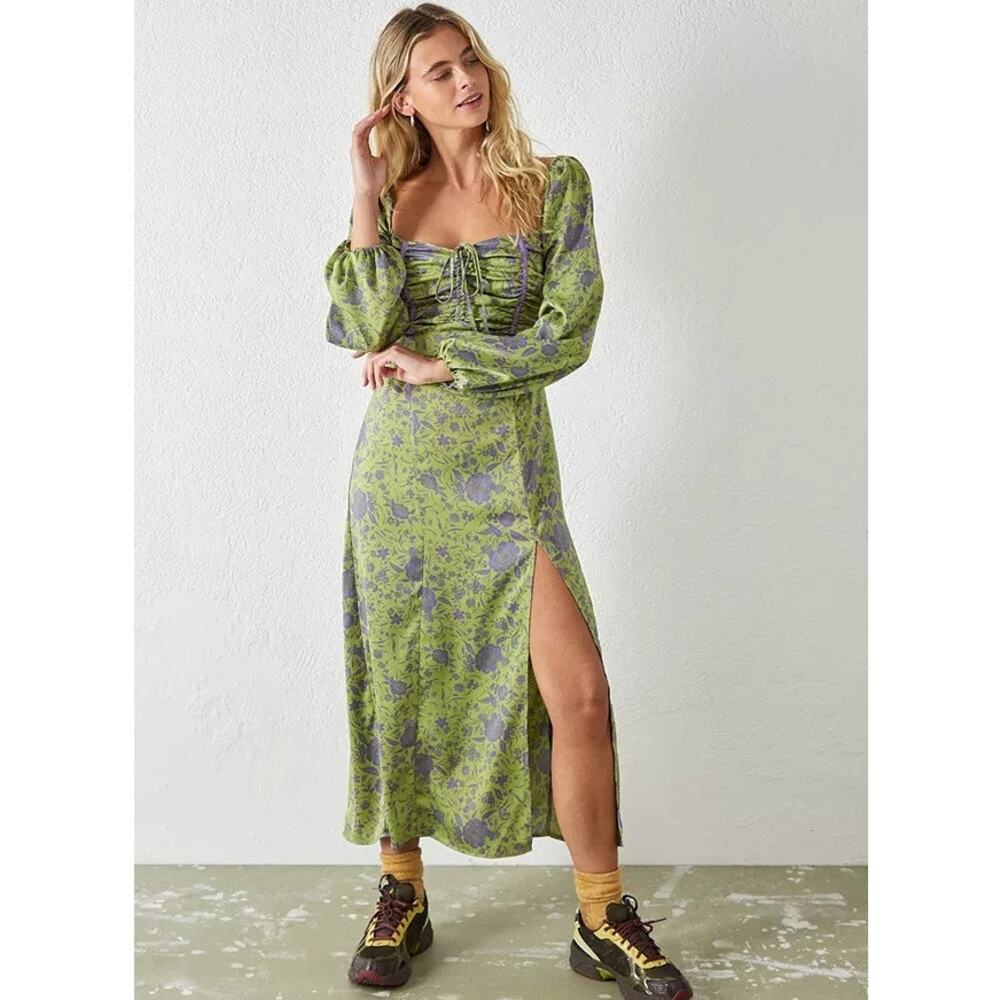 Urban Outfitters Green Purple Floral Puff Sleeve Midi Dress Peasant Cottagecore